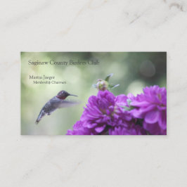 Tarjeta De Visita Colibrí con dahlias moradas