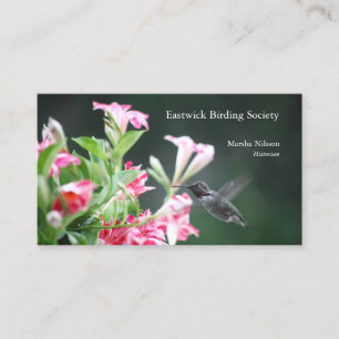 Tarjeta De Visita Colibrí con flores rojas y blancas