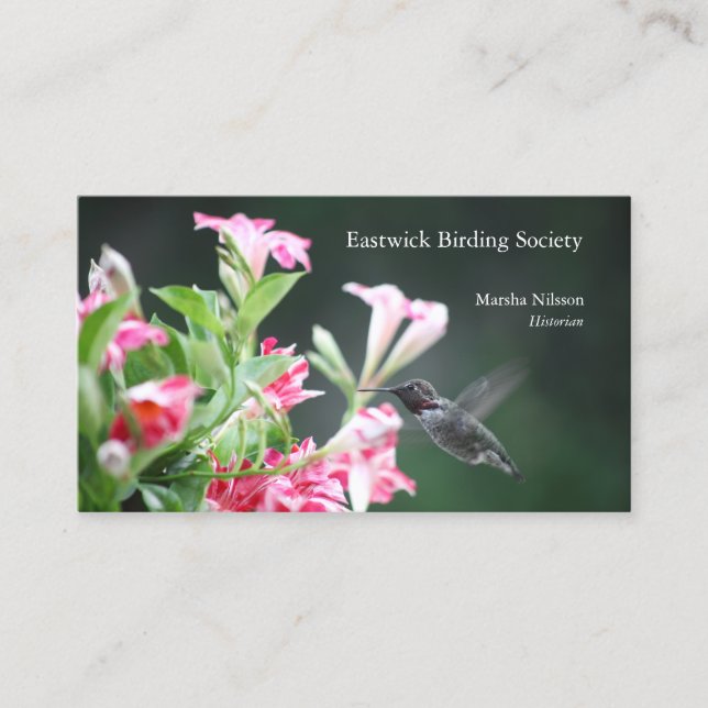 Tarjeta De Visita Colibrí con flores rojas y blancas (Anverso)