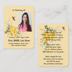 Tarjeta De Visita Colibrí conmemorativo cristiano Roses amarillos