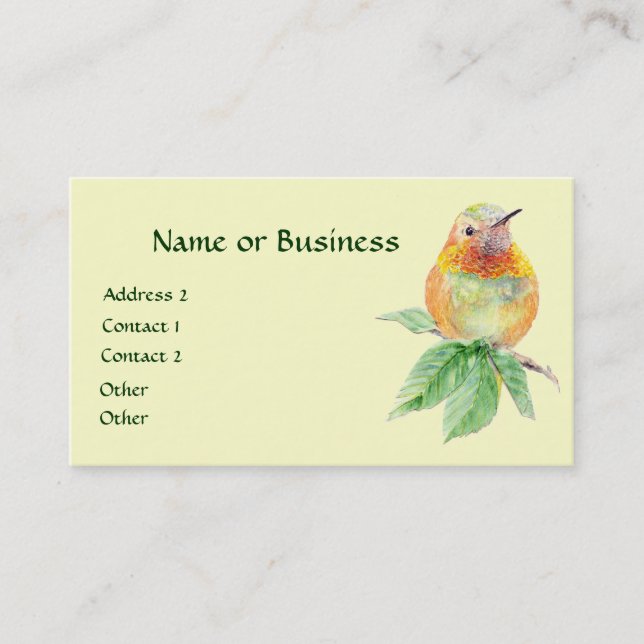 Tarjeta De Visita Colibrí, pájaro, naturaleza, vida silvestre, tarje (Anverso)