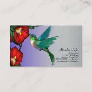 Tarjeta De Visita Colibrí Rojo Hibisco Azul Turquesa Púrpura