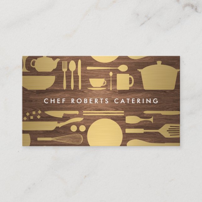 Tarjeta De Visita Collage de cocina en Faux Gold y Woodgrain (Anverso)