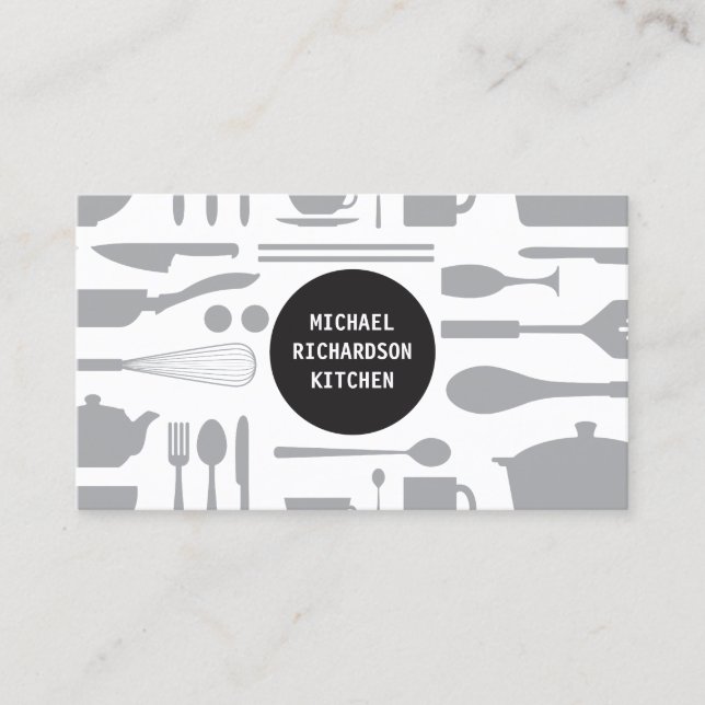 Tarjeta De Visita Collage de cocina gris/blanco con logo negro (Anverso)
