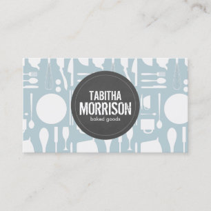 Tarjeta De Visita Collage de cocina sobre azul con logo gris