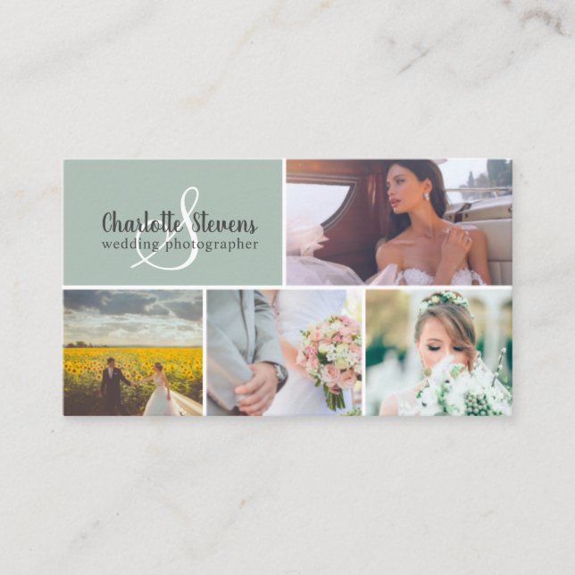 Tarjeta De Visita collage de fotógrafos de bodas verdes de moda (Anverso)