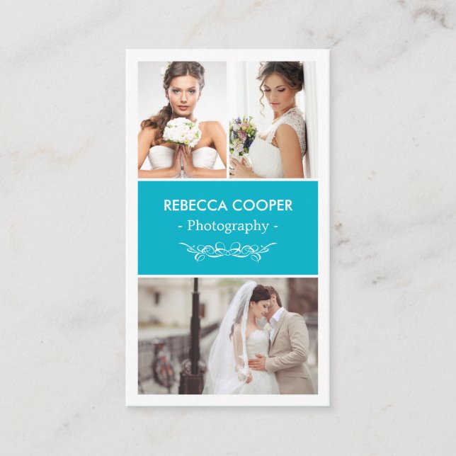 Tarjeta De Visita Collage de fotos fotográfico - Azul Scuba moderno (Anverso)