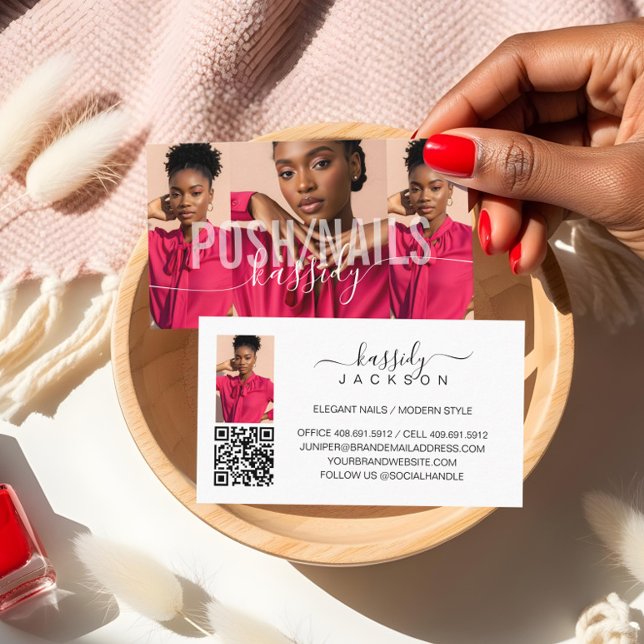 Tarjeta De Visita Collage de fotos Nombre negrita Caligrafía de guió (Photo Collage Bold Name Script Calligraphy QR Code Business Card)