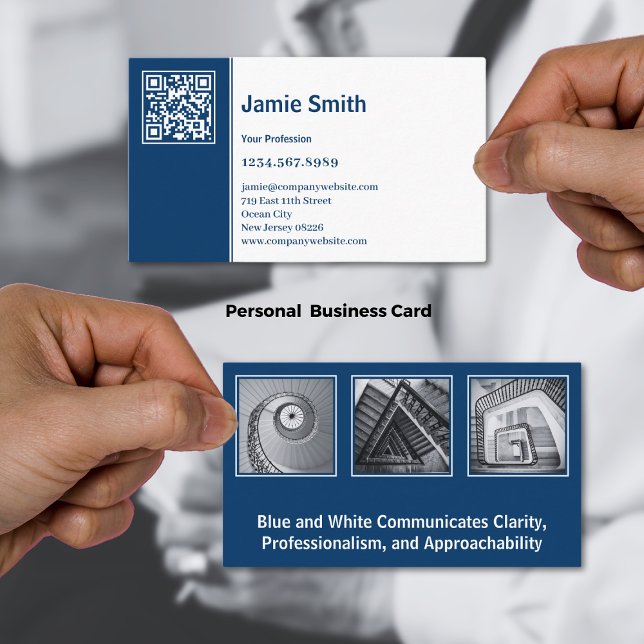 Tarjeta De Visita Collage profesional blanco azul (Professional Scannable Collage Blue White Personal Business Card)