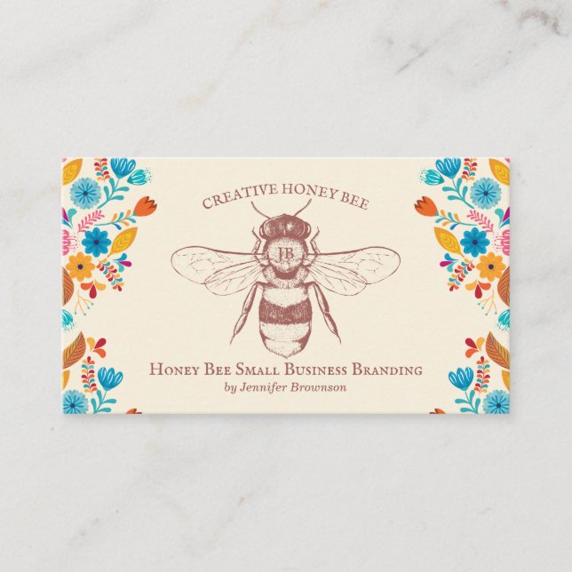 Tarjeta De Visita Colmena de abejas apiario Flores dibujadas a mano (Anverso)