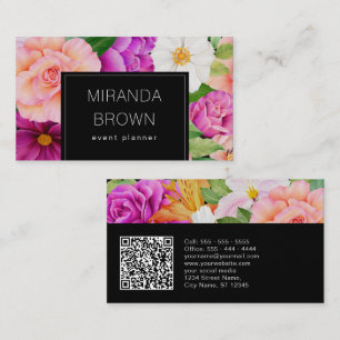 Tarjeta De Visita Color de agua moderno Floral Púrpura Pink Negro Có