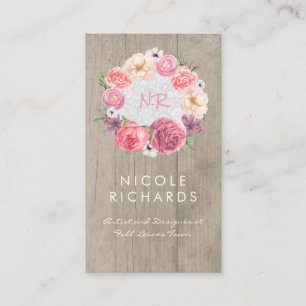 Tarjeta De Visita Color de agua rosa Floral Wreath Rústica Madera y 