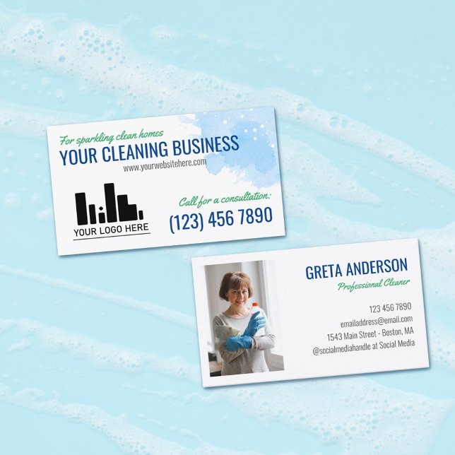 Tarjeta De Visita Color de agua verde azul Servicio de limpieza de l (Subido por el creador)