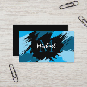 Tarjeta De Visita Colores de pincel de nombre azul con monograma