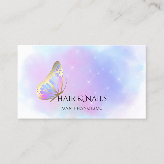 Tarjeta De Visita colores pastel cabello mariposa y uñas (Anverso)