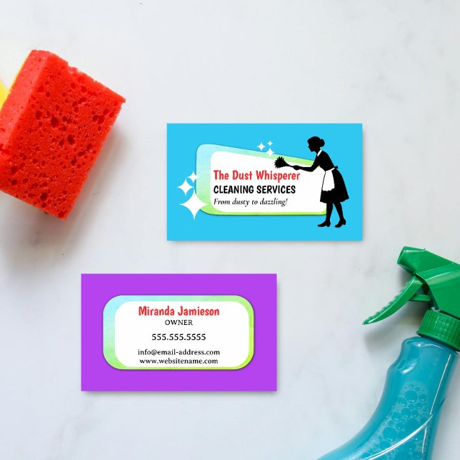 Tarjeta De Visita Colorful Dusting Maid Professional Cleaning Busine (Colorful and retro dusting maid professional cleaning business card front and back.)