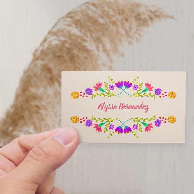 Tarjeta De Visita Colorida Fiesta Mexicana Floral Champagne (Horizontal Business Card with fiesta floral frame)