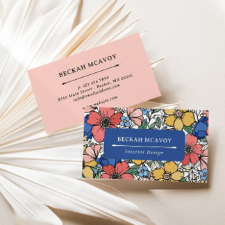 Tarjeta De Visita Colorido Amarillo Azul Coral Patrón Floral Negocio