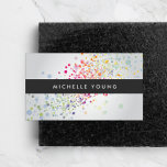 Tarjeta De Visita Colorido bokeh de Confetti en el moderno gris<br><div class="desc">Un salpicón de coloridos puntos de confeti en forma de arcoiris crean un marco intrigante en estas modernas tarjetas de visita. Su nombre o nombre de negocio simplemente está estilizado en el centro de una tira negra sólida. Un gran diseño para artistas de maquillaje, fotógrafos, planificadores fiestas, profesores de arte,...</div>