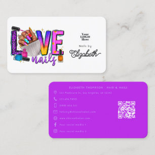 Tarjeta De Visita Colorido eslogan "Love Nails" para salón de uñas c