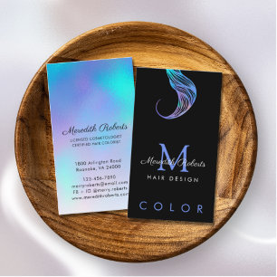 Tarjeta De Visita Colorista Estilista de Cabello Opal Azul sobre Neg
