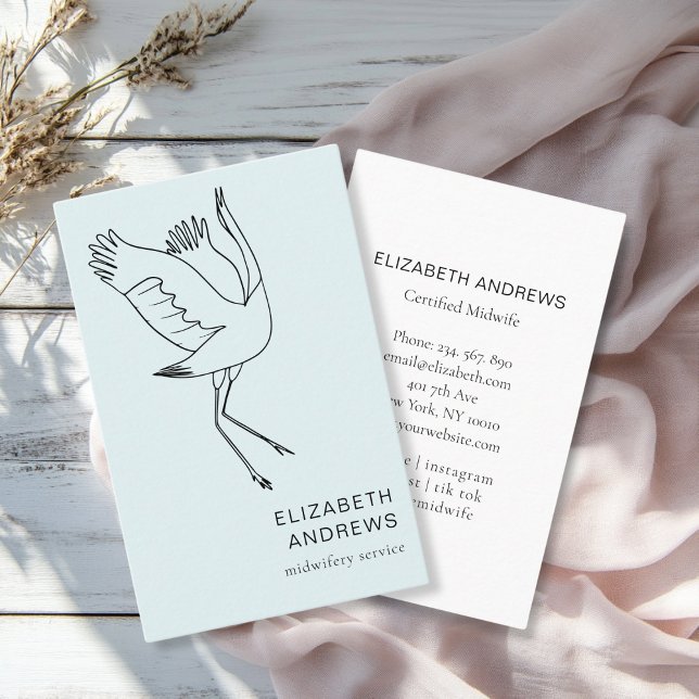 Tarjeta De Visita Comadrona, Tormenta, Azul (Modern, blue business card. Line Art Illustration, Storch. For childcare, midwives and more.)