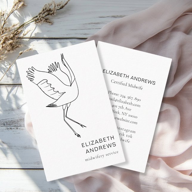 Tarjeta De Visita Comadrona, Tormenta, Blanco (Modern, white business card. Line Art Illustration, Storch. For childcare, midwives and more.)