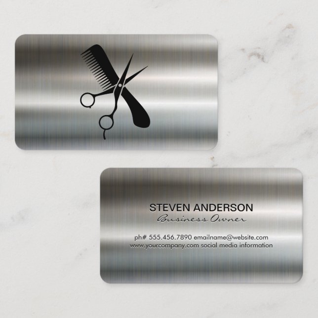 Tarjeta De Visita Comb Scissors | Barber | Metallic Background (Anverso / Reverso)