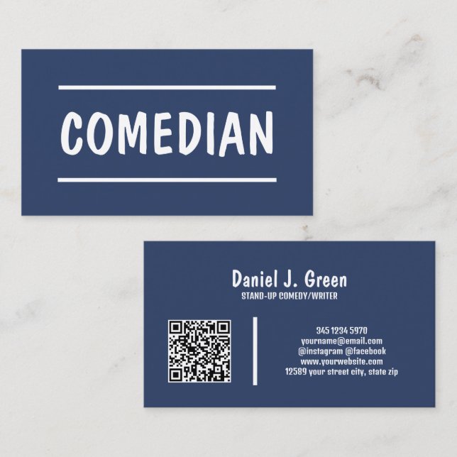 Tarjeta De Visita Comediante 🤡 se levanta Personalizado QR Blue (Anverso / Reverso)