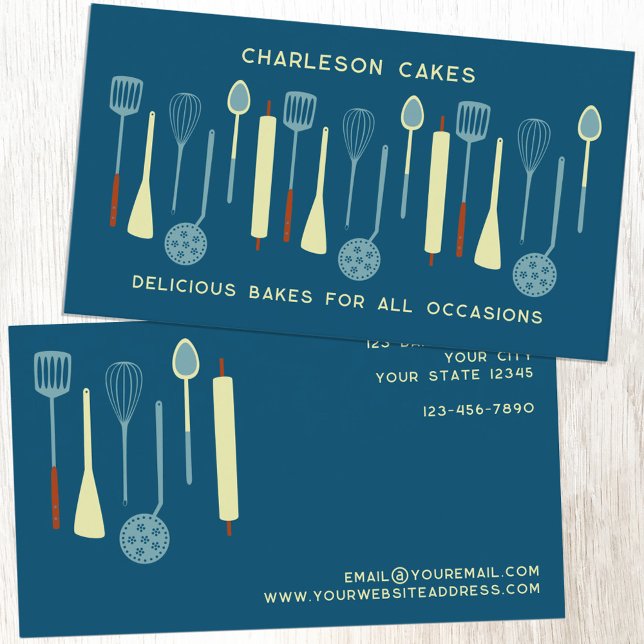 Tarjeta De Visita Comida de cocina retro (Retro kitchen utensils custom business card with editable text for baker, cook, catering, cafe, food)