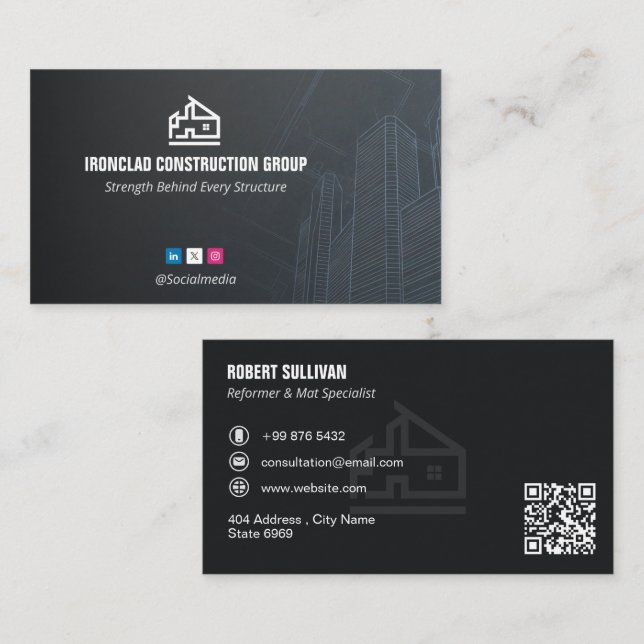 Tarjeta De Visita Commercial Building Contractors | Dark Minimalist (Anverso / Reverso)