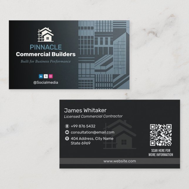 Tarjeta De Visita Commercial Building Contractors | Dark Minimalist (Anverso / Reverso)