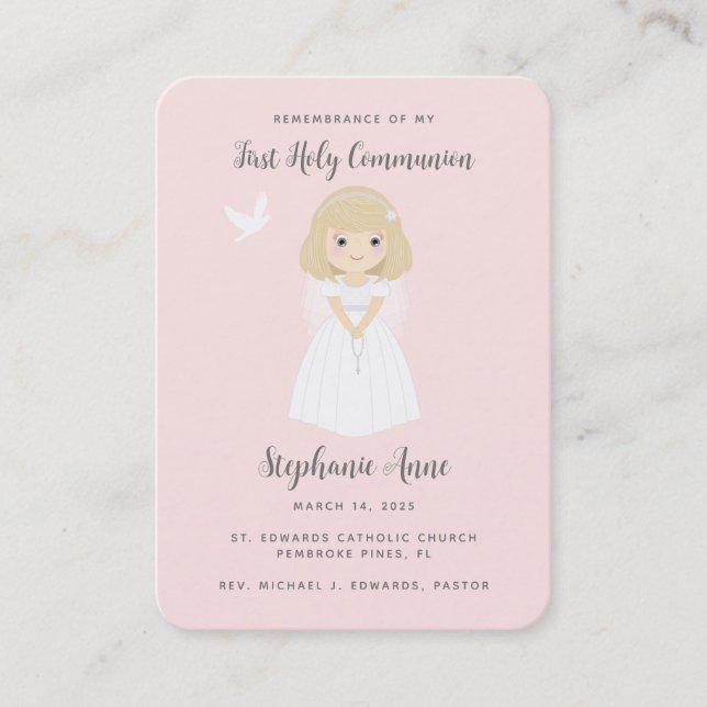 Tarjeta De Visita Communion Dove Blonde Chica Prayer (Anverso)