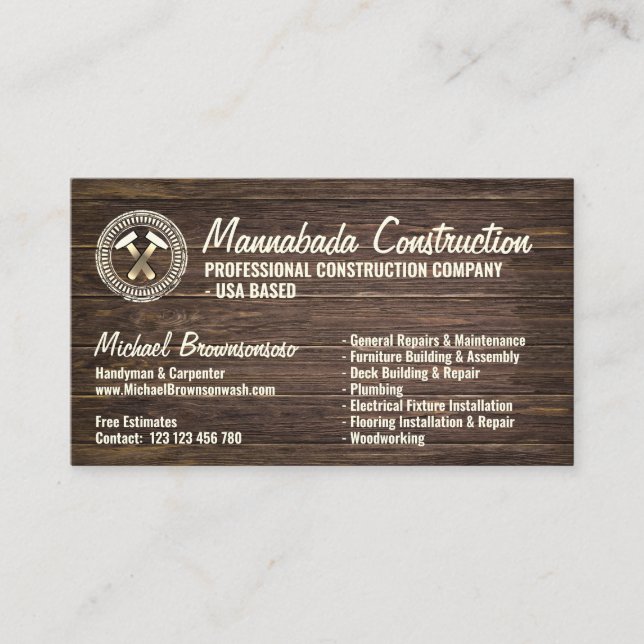 Tarjeta De Visita Compañía de Construcción de Madera (Anverso)