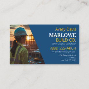 Tarjeta De Visita Compañía de Construcción Moderna Foto Azul y Amari