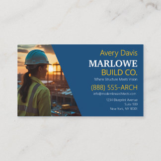 Tarjeta De Visita Compañía de Construcción Moderna Foto Azul y Amari