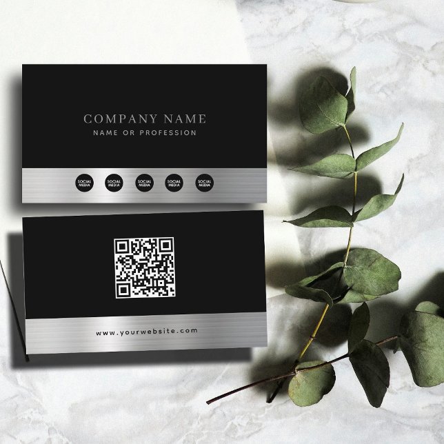 Tarjeta De Visita Compañía de plata negra de lujo, medios sociales y (Luxury Black Silver Company Social Media & QR Code Business Card)