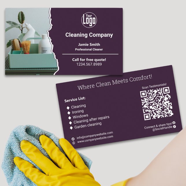 Tarjeta De Visita Compañía moderna de limpieza blanca púrpura (Modern Purple White Cleaning Company Business Card - Logo - Motto - List - QR code - Social Connect)