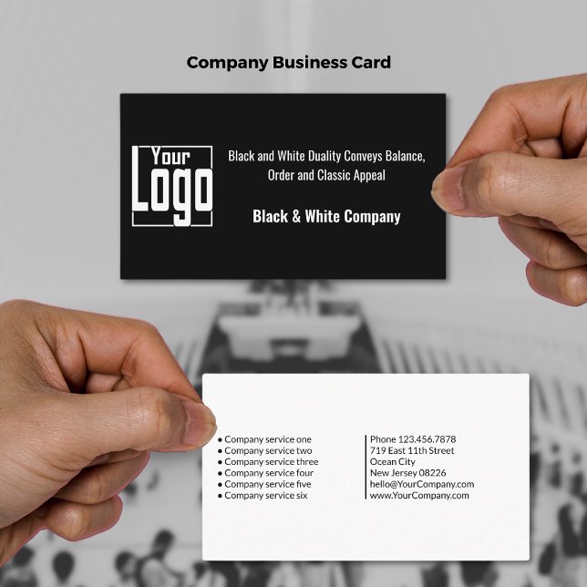 Tarjeta De Visita Compañía moderna dinámica en blanco y negro (Modern Dynamic Black & White Company Business Card, Logo, Tagline, Service List)