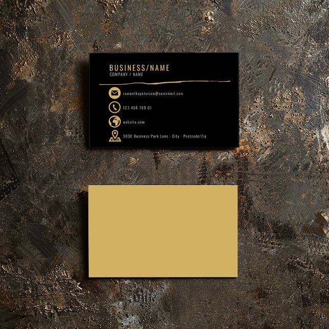 Tarjeta de visita con iconos dorados (Gold icons business card on a bold black background.)