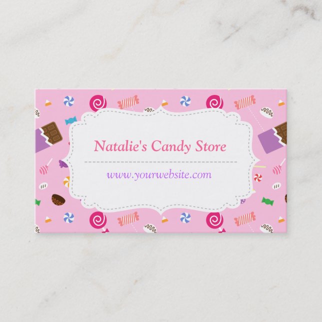 Tarjeta de visita con patrón de dulces rosados (Anverso)