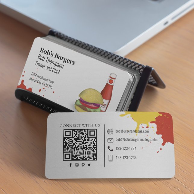Tarjeta De Visita Conectar conmigo código QR Hamburguesa simple (Hamburger business card template.)