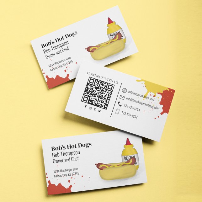 Tarjeta De Visita Conectar conmigo código QR Perro caliente simple (Hot Dog business card template.)