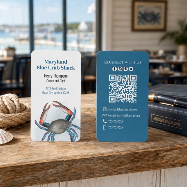 Tarjeta De Visita Conéctate Con Nosotros | Código QR Mar Costero de  (Coastal blue crab business card designed for seafood restaurants, chefs and crab shacks.)