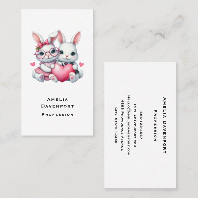 Tarjeta De Visita Conejitos lindos compartiendo un corazón (Anverso / Reverso)