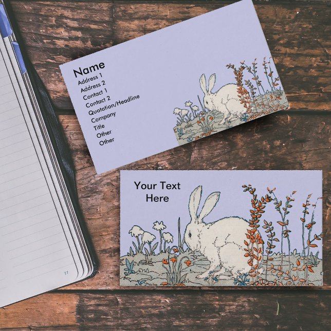 Tarjeta De Visita Conejo Blanco Vintage Elegante (White rabbit sitting in orange and white flowers on light blue business cards.)