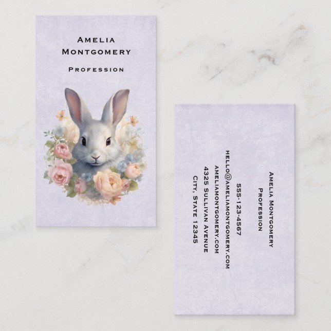 Tarjeta De Visita Conejo rodeado de flores pastel lindas (Anverso / Reverso)