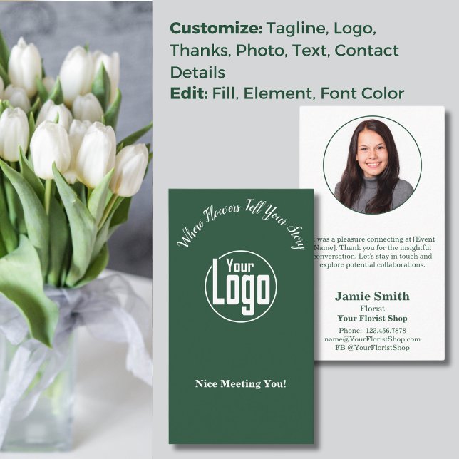 Tarjeta De Visita Conexiones en flor: Encantado de conocerte florist (Blooming Connections: Nice Meeting You Florist Business Card, Custom Logo, Profile Photo, Message)