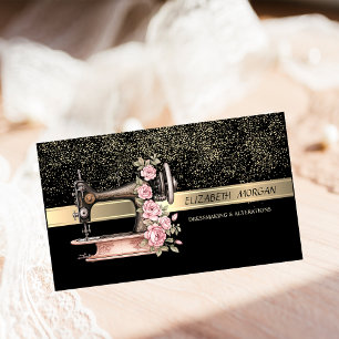 Tarjeta De Visita Confeti dorado elegante, máquina de coser antigua