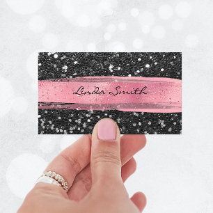 Tarjeta De Visita Confeti Negro Brillo Pinceladas Rosas